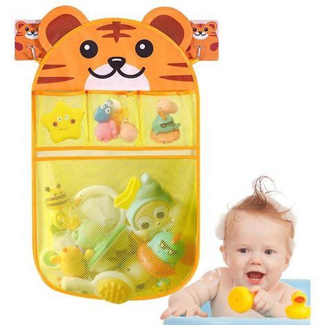Filet rangement jouets bain - 1 pièce, tigre, 4 compartiments +2 crochets - Convient pour bébés Étiquette (1/5)