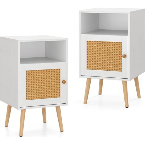 COSTWAY 2Pcs Rattan Nightstand Bedside Table PE Rattan Decorated Door-White (1/5)