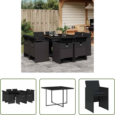 Essgruppe - 9-tlg. Garten-Essgruppe mit Kissen Schwarz Poly Rattan (1/5)