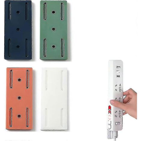 Lot de 4 supports de prises adhésifs sans perçage, fixation murale pour multiprise, blanc. (1/3)