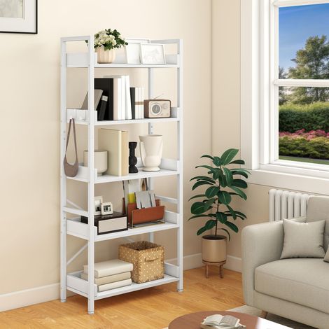 Bibliothèque Ouverte à 5 Niveaux, étroite et Haute, en métal, avec 4 Crochets, étagère de Rangement Industrielle pour Salon, Bureau à Domicile, Blanc Pur (1/5)