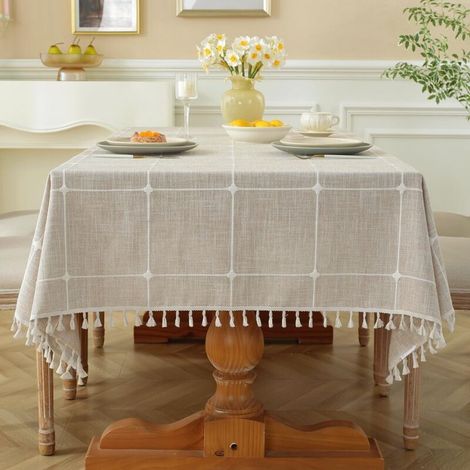 Nappe marron, 90140cm, à franges, en imitation lin et coton, lavable, style minimaliste moderne. (1/4)