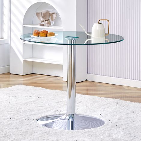 Table en verre moderne minimaliste, diamètre 85 cm, hauteur 76 cm, piètement en métal doré, style luxe léger, idéale pour salon ou salle à manger, design épuré et élégant. (1/5)