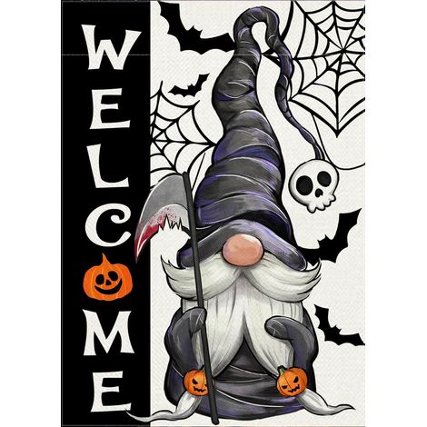 Drapeau de jardin double face 12x18 pour Halloween – Décoration de jardin avec gnome, citrouille et toile d'araignée (1/5)