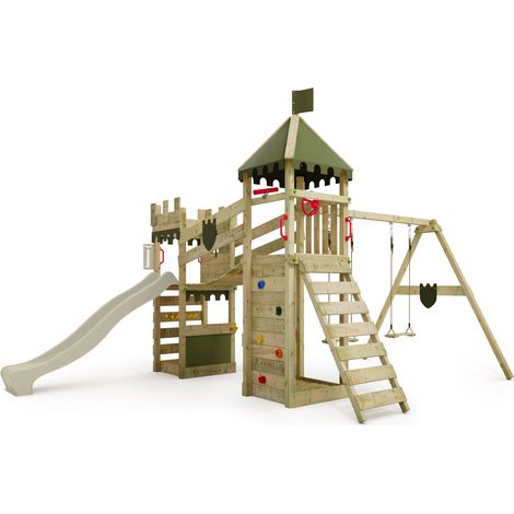 FATMOOSE Tour de jeux Château des chevaliers RiverRun avec balançoire et toboggan, cabane de jeu avec bac à sable, Échelle & accessoires de jeu – vert sauge