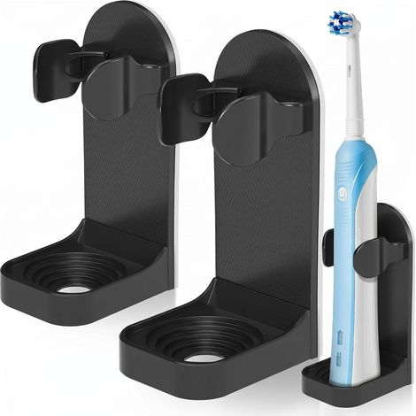 Lot de 2 Porte-Brosse à Dents Électrique Mural, Support Auto-adhésif avec Ruban Adhésif Puissant, Ajustable et Étanche, sans Perçage, pour Salle de Bain, Design Noir Moderne (1/5)