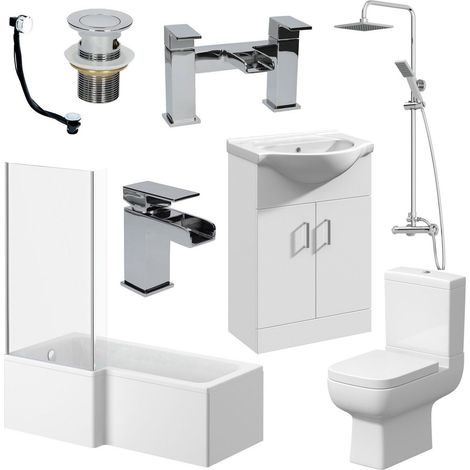 Complete Bathroom Suite L Shaped Bath Toilet Vanity Unit Shower (1/5)