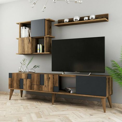 Dmora - Mueble de televisión Docchiut, Aparador de salón, Mueble bajo para TV, Base de pared equipada, 180x34h49 cm, Nogal y Antracita (1/5)
