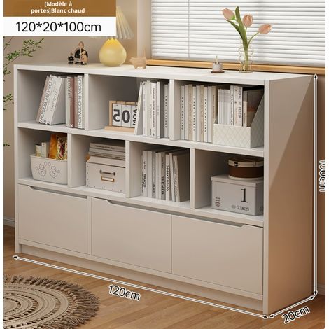 Bibliothèque basse contre‑mur panneau dérivé bois, multiples compartiments et tiroirs, fond fermé base au sol plateau large, meuble de rangement pratique pour salon et chambre à coucher (1/5)