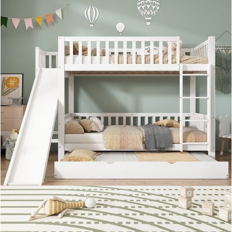Cama litera infantil 90x200/190 cm de madera blanca, ahorro de espacio para dormitorio FloraGrace (1/5)