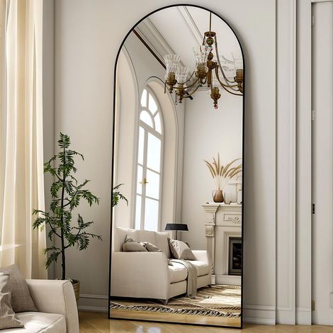 Miroir Pleine Longueur, 162 x 53 cm, Miroir sur Pied arqué, avec Cadre en Aluminium, Miroir de Sol et Miroir Mural à Poser, s'appuyer ou à Suspendre, pour Chambre à Coucher et Salon, Noir (1/5)