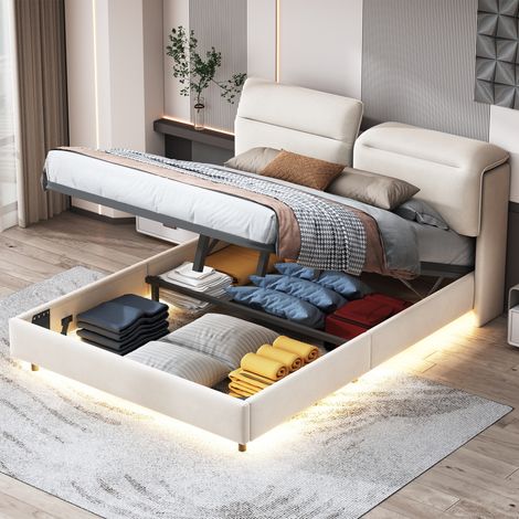 Letto contenitore 160x200cm, con illuminazione LED, Testiera con contenitore, Rete a doghe, Letto matrimoniale con funzione idraulica, Velluto, Beige (1/5)