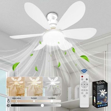 Ventilateur de Plafond avec Lumière et Telecommande, LED Ventilateur Dimmable Plafonnier avec 40W E27 Lampe Intégrée, 6 Pales, 3 Vitesses, Silencieux, pour Salon, Chambre, Coucher (Blanc) (1/4)