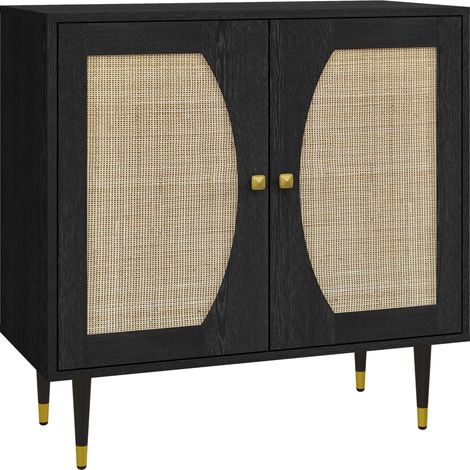 Buffet de cuisine bohème design, meuble de rangement à double portes et 2 étagères, façade en rotin, noir 80x38x79 cm (1/5)