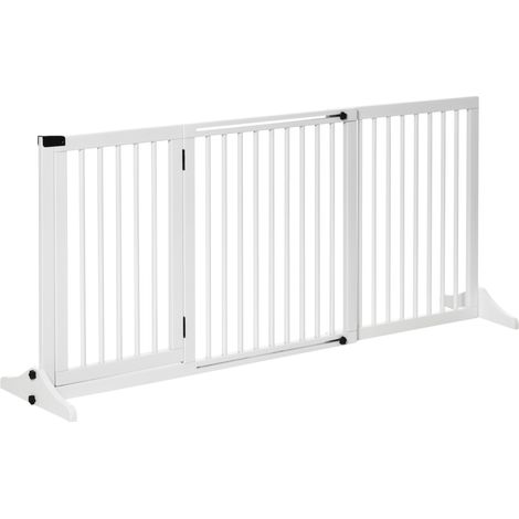 Barrière de protection autoportante en bois pour chiens avec porte verrouillable, ajustable 113-166x36x71 cm, couleur marron (1/5)