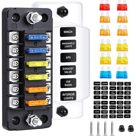 Scatola portafusibili a 6 vie con barra negativa, 6 circuiti, 12V, portafusibili a lama, coperchio impermeabile, per applicazioni marine, automobilistiche, auto, camion, barche, camper, furgoni, 12V/2