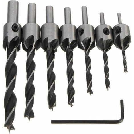Punta per legno HSS 5, 7 pezzi, smussata, chiave da 3 a 10 mm, grigio argento