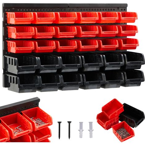 AREBOS Werkzeugwand Wandregal 32 TLG Lagersystem 12 große & 18 mittlere Stapelboxen Inkl. Befestigungsmaterial Herausnehmbar & Stapelbar Aufbewahrungssystem Wandorganizer Werkstattorganiser (1/5)