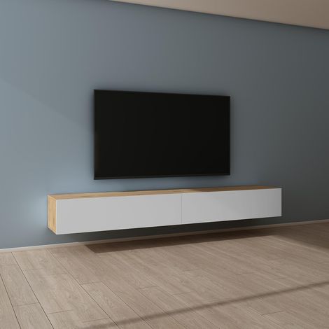 Mai & Mai Fernsehtisch Fernsehschrank TV Schrank Verdeckter Griff mit Soft-Close Lowboard Hängeschrank für Wohnzimmer in Kerneiche + Matt Weiß BTH: 240x40,2x30 cm Fernsehschrank02