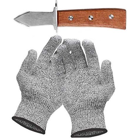Hondex Couteau à Huîtres-Set, Inclure 17 cm Couteau Huitre et Paire de Gants de Protection de Grade 5, Manche en ChêNe de Grade A, pour les CrustacéS ou le Fromage PâTe Dure (Gant taille M)