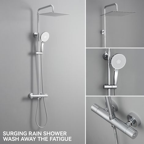 Duschsäule Thermostatisch, quadratischer Duschkopf 30 x 30 cm,runder Duschkopf 5 Jets,Höhenverstellbare Regendusche,mit Kupfermischer, Chrom (1/5)