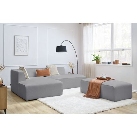 BOBOCHIC - Canapé d'angle fixe modulable MEGEVE tissu bouclette avec pouf Angle gauche Gris clair (1/5)
