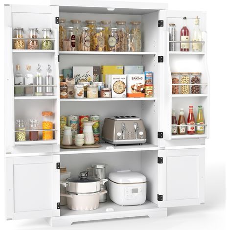 COSTWAY 139cm Tall Pantry Cabinet 4 Doors 6 Shelves 5 Adjustable Positions White