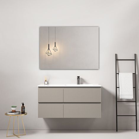 Mobile bagno sospeso cannettato 100 cm Grigio Cenere Lavabo a Destra in Ceramica Specchio Quadro - Fiji Paint (1/4)