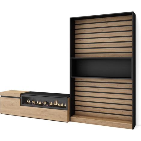 Skraut Home – Ensemble meuble TV moderne avec cheminée électrique – Dimensions 260x35x186cm – Pour TV jusqu'à 65" – Chêne et noir (1/5)