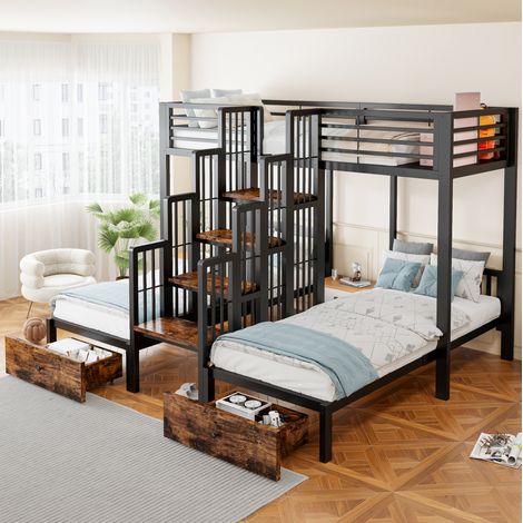 MODFU – Letto a castello 3 posti 90x200 cm in metallo/legno con scala centrale, cassetti e barriere, carico 120 kg – Nero (1/5)