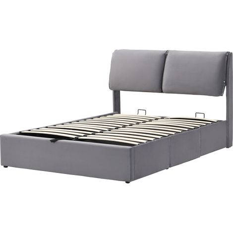 Letto imbottito 140x200 cm in velluto grigio con contenitore, 3 cassetti, rete a doghe e testiera (1/5)