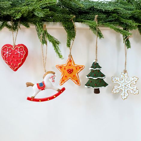 5 adornos navideños vintage de resina, copos de nieve, árboles de Navidad en forma de corazón, estrellas de cinco puntas, decoraciones navideñas, perchas (1/4)