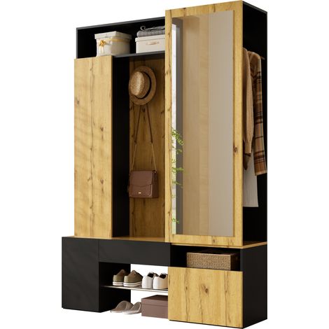 Armoire porte-manteau MDF avec miroir, meuble à chaussures, placard d'entrée, penderie d'entrée, armoire avec tringle à vêtements, crochets, meuble d'entrée (1/4)