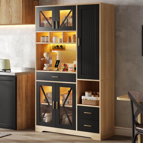 Aparador de cocina con LED, estantes ajustables y enchufes, negro y natural, 105x40x185 cm (1/5)