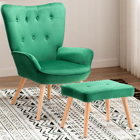 Poltrona Stile Scandinavo con Schienale Alto e Poggiapiedi In Velluto e Gambe in Legno Verde (1/4)