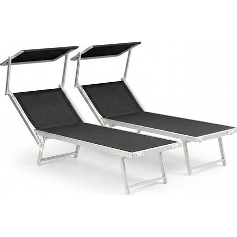 Set Di 2 Lettini Prendisole Professionale In Alluminio Pieghevole Tettuccio Orientabile Tettino Parasole Sdraio Mare Spiaggia Piscina Giardino Lettino Prendi Sole 182 X 60 X 38 Cm Nero