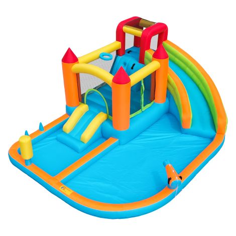 Château gonflable avec souffleur, trampoline, panier de basket, pistolet à eau, 2 piscines, 1 grand et 1 petit toboggan, pour 3-4 enfants, multicouleur