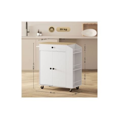 Îlot de cuisine blanc à roulettes avec plan de travail, tiroir, placard et porte-épices pour cuisine, salle à manger et terrasse (1/5)