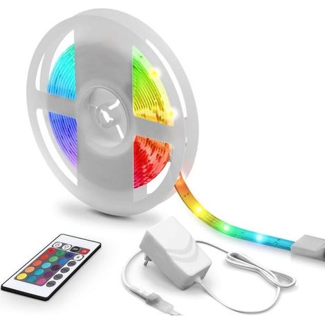 Ruban LED 5m dimmable multicolore, bandeau lumineux haute puissance 24W pour intérieur, kit avec télécommande, autocollant flexible, idéal déco salon et chambre