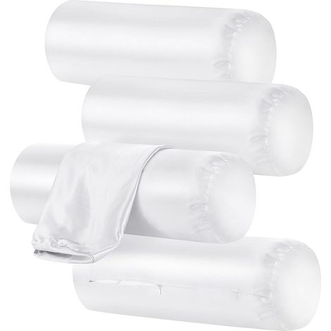 Lot de 4 taies d'oreiller rondes avec fermeture éclair, taie d'oreiller traversin, taie d'oreiller cylindrique en satin blanc-AquaForge (1/5)