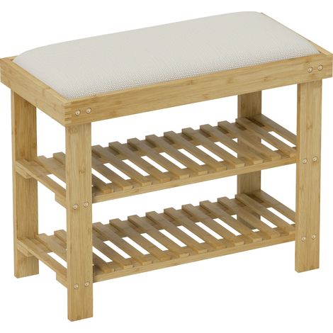 Banc à chaussures en bambou 3 niveaux, étagère à chaussures style nordique, 60x29x49 cm, teinte crème et bois naturel (1/5)
