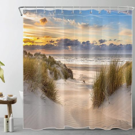 Plage Rideaux de Douche 180x180cm Paysage de Coucher de Soleil Île Tropicale Rideaux de Bain avec Crochets, Seascape Imperméable Polyester Anti Moule Salle de Bain Décor (1/5)