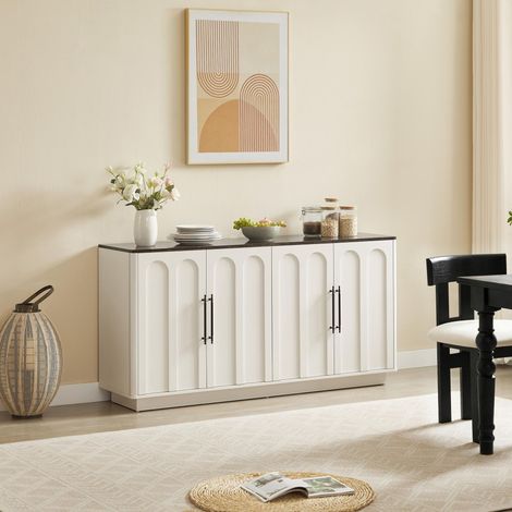 Buffet bas de rangement, meuble de salon et salle à manger avec 4 portes et plateau effet marbre, en MDF de style moderne 160cm, Blanc et noir (1/5)