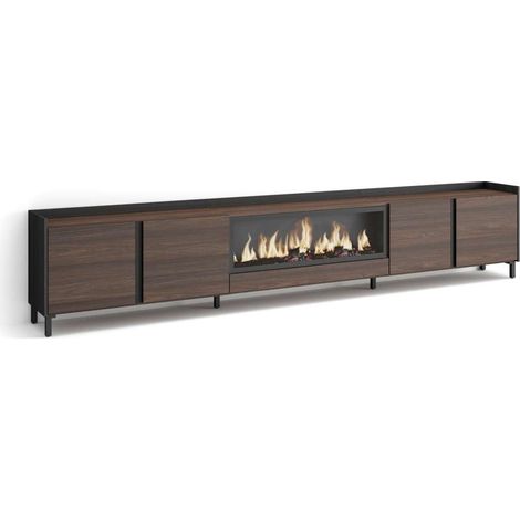 Mueble TV Alfarnate-02 de 315x61x35 cm con chimenea eléctrica XXL, diseño industrial, color roble oscuro y negro (1/4)