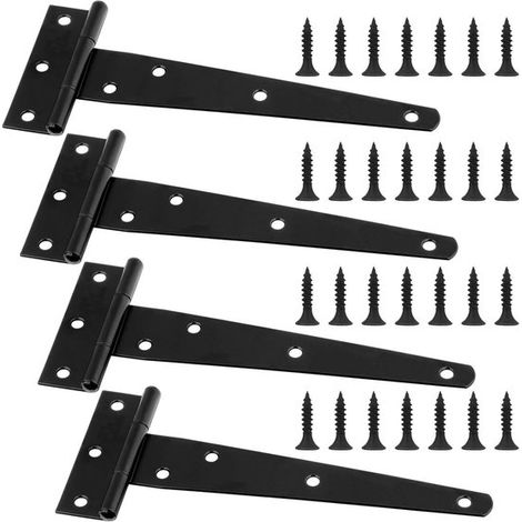4 bisagras en T de alta resistencia de 15 cm para puertas de jardín y cobertizos, negras, con tornillos. (1/5)