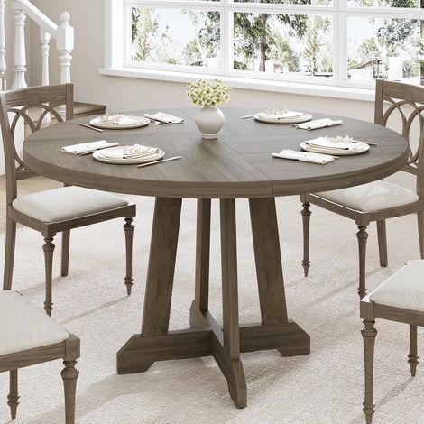 Table à manger ronde Ø 120 cm - 4 à 6 personnes - Pied central stable et patins réglables - Gris (1/5)
