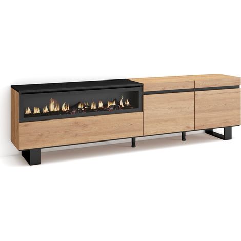 Skraut Home – Meuble TV avec rangement 200x35x57cm – Pour TV jusqu'à 80" – Cheminée électrique – Design industriel chêne et noir (1/5)