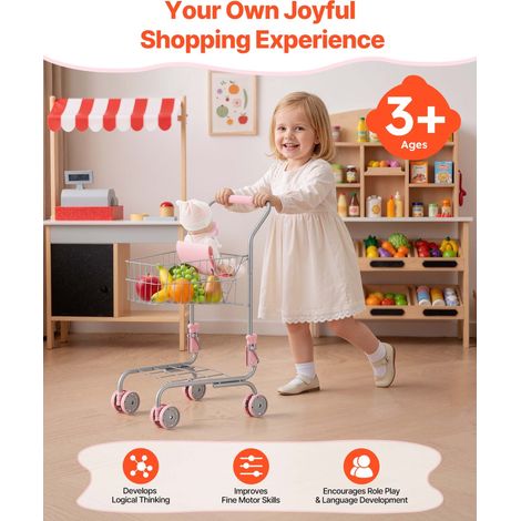 Chariot de Courses pour Enfants, Cadre en Métal, Chariot de Supermarché Jouet avec Poupée, pour Enfants de 3 ans et plus, avec Roue… (1/5)