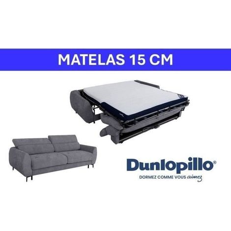 Canapé convertible express - 2 / 3 places - SAFIA - Tissu gauffré - Gris souris - Matelas 15 cm - 206 x 105 x 76/94 cm - DUNLOPILLO (1/5)