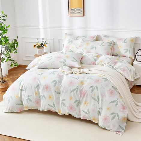 Housse de Couette 140x200 Coton Motif de Fleurs Rose Jaune Parure de Lit Coton Câlin Doux Respirant Linge de Lit 1 Personne pour Fille avec Fermeture Éclair et Taie d'oreiller 65x65 cm (1/5)